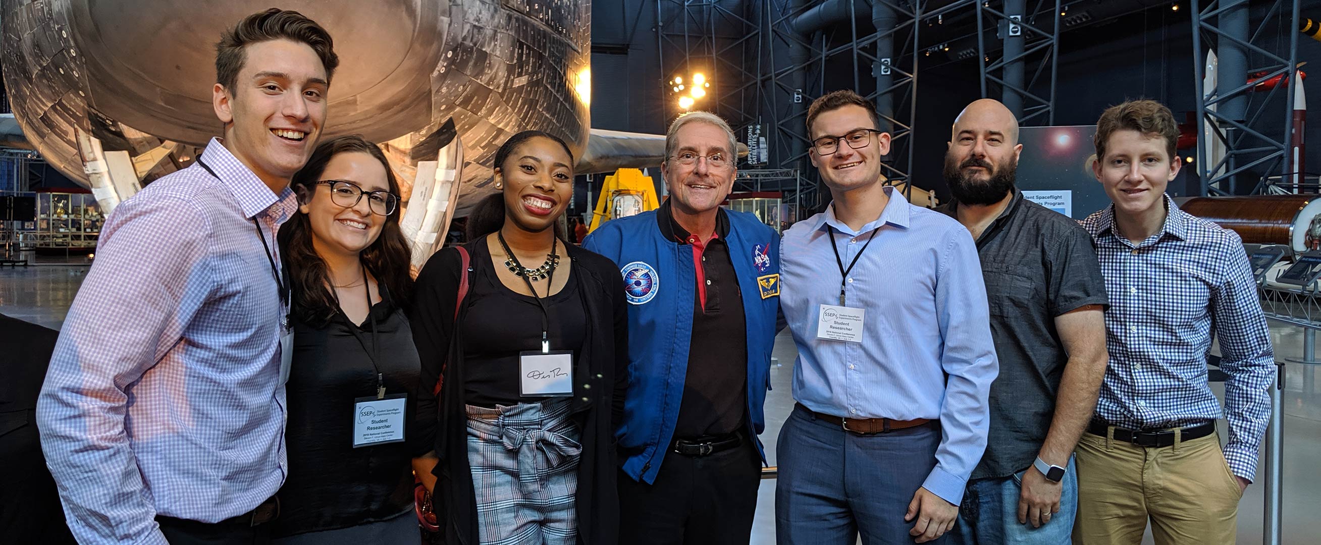 From left, Joseph Romanowski, Christina Tallone, Chioma Uka, former NASA astronaut Donald Thomas, Michael Elko, Professor Michael Law and Daniel Stoyk.