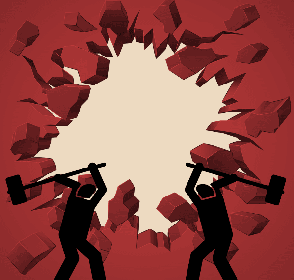 2 figures smashing a brick wall with hammers