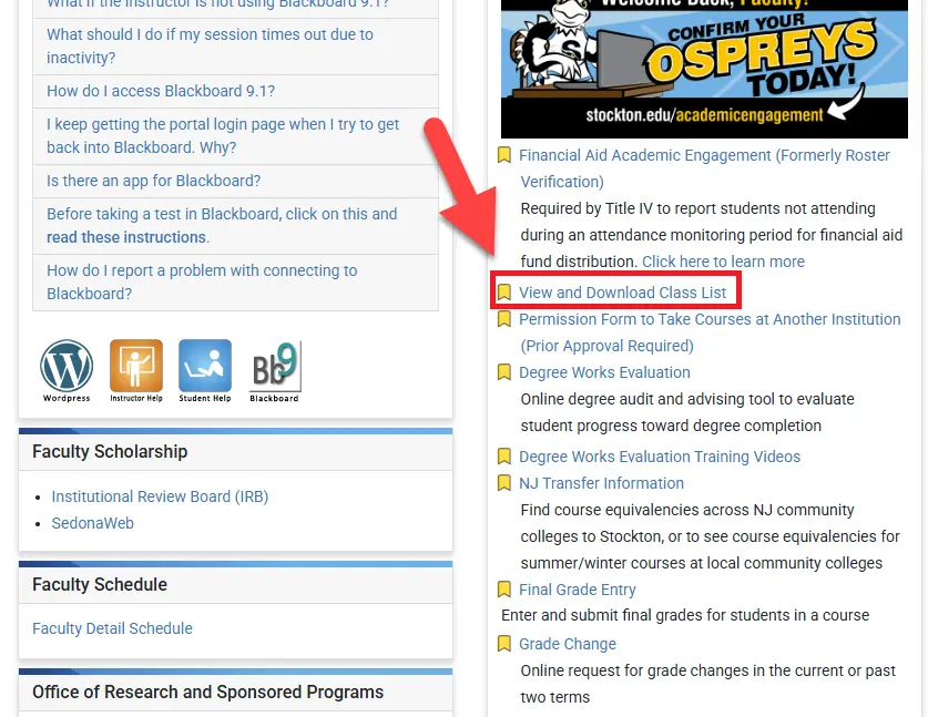 Faculty Tab showing the class list link location