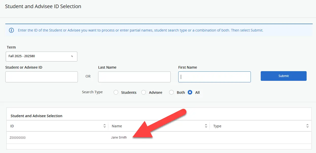 Banner 9 screen showing the student ID search results