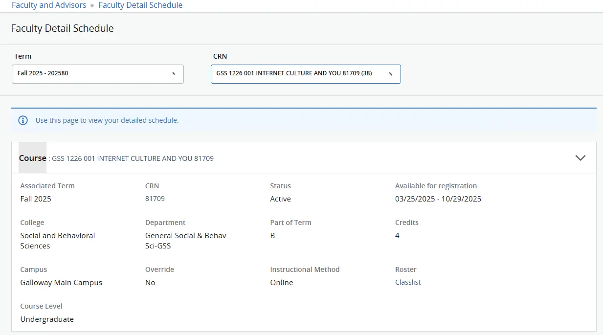 Faculty Detailed Schedule View