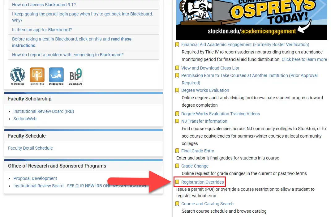 Location of the Override link in the Faculty Advising Tools box