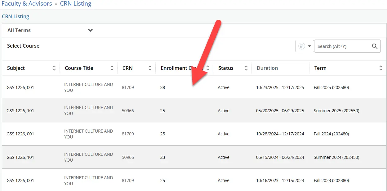 Screen showing your current courses in Banner 9