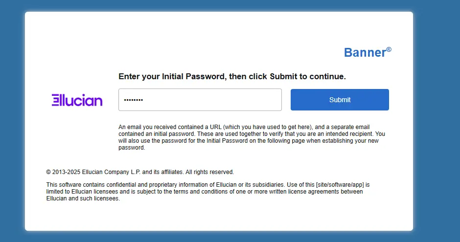 Banner login screen prompting the user to enter their initial password and click Submit to continue.