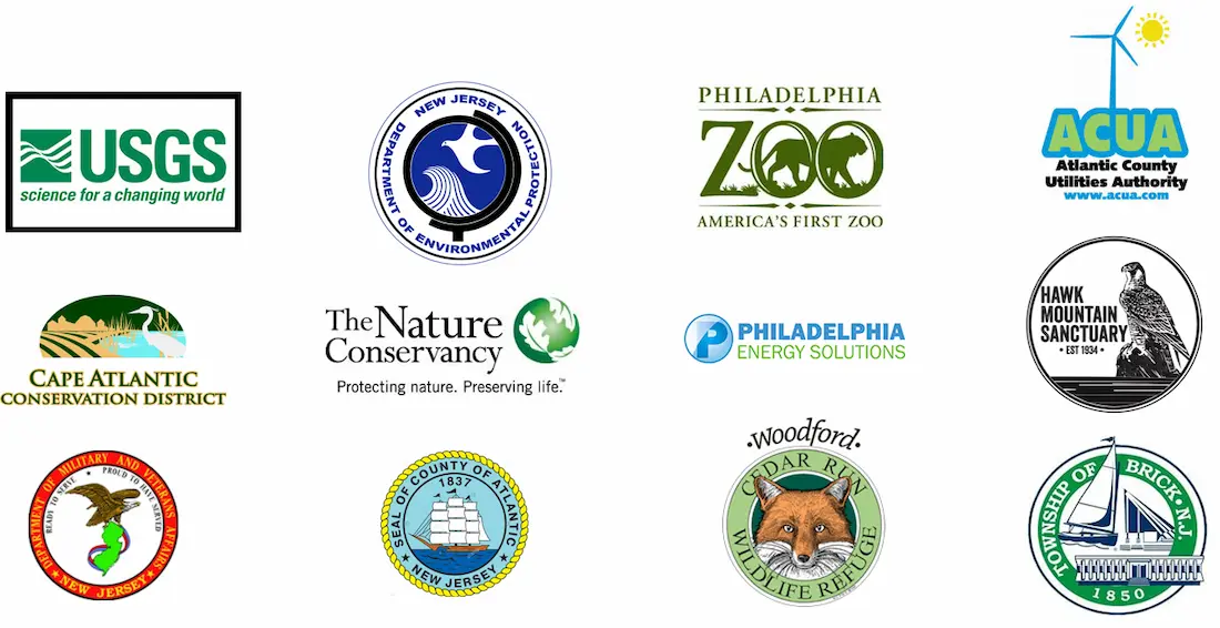 Logos of environmental organizations and agencies associated with Stockton University internships, including USGS, NJDEP, The Nature Conservancy, and regional partners