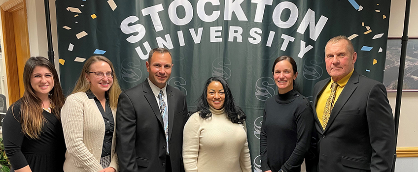 From left, Grace Talian, Stockton Assistant Director of Admissions, Tracy Lisk, Stockton Assistant Director of Admissions, Robert Heinrich, Stockton Chief Enrollment Management Officer, Heather Medina, Stockton Director of Admissions, Megan Vile, Assistant Superintendent Southern Regional School District, Craig Henry, Superintendent Southern Regional School District.