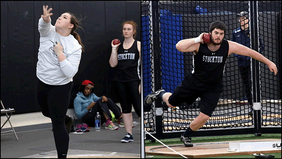 Female student throwing ball at left and male student throwing ball at right