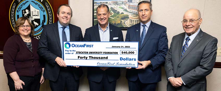 From left, Stockton Executive Vice President and Chief of Staff Susan Davenport, Stockton Chief Development Officer Daniel Nugent, OceanFirst Foundation representative Robert Previti, OceanFirst Bank Southern Region President Vincent D'Alessandro and Stockton President Harvey Kesselman.