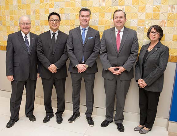 From left, Stockton University President Harvey Kesselman, with new Foundation Board Members Hak J. Kim and John Gray, Stockton Chief Development Officer Daniel Nugent and Foundation Board Chairwoman Johanna Johnson.