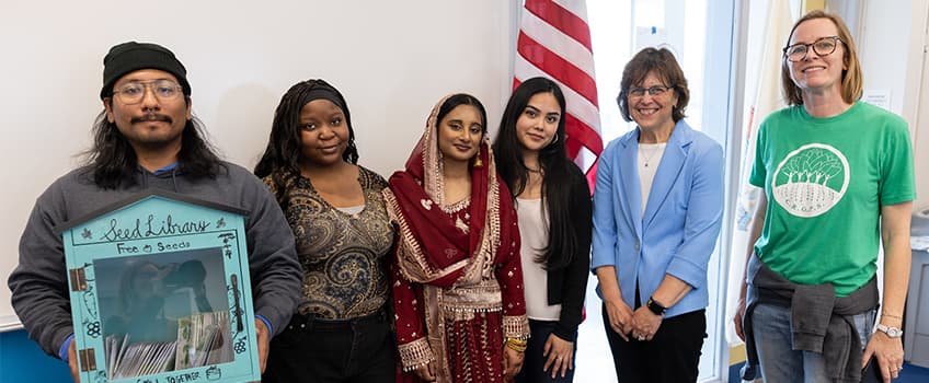 From left: Jorge Azcona, Betsaida Viljoint, Sadia Mahi, Dayanara Villenueva, Susan Davenport, and Alexis Flack standing together at the Plant It Forward event at Stockton’s Atlantic City campus.