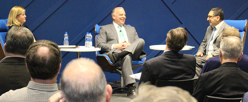 From left, Brigid Harrison, Senate President Steve Sweeney and John Froonjian discuss the future of the state during a Town Hall at the Stockton Atlantic City Academic Center.