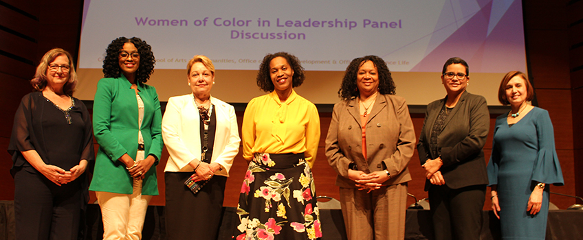 Women of Color in Leadership Panelists, from left, Lisa Honaker, moderator, Tamara Cunningham, Arleen Gonzalez, Donnetrice Allison, Billie Bailey, Michelle Carrera and Nelida Valentin.
