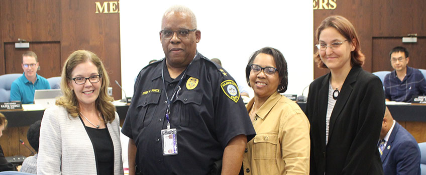 SCCE Executive Director Merydawilda Colón, Community Engagement Liaison Patricia W. Collins and Community Projects Coordinator Heather Swenson Brilla accepted the resolution with Atlantic City Police Chief Henry White.