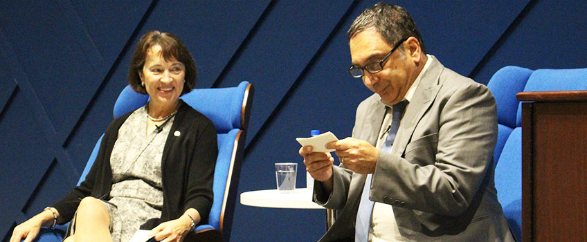 N.J. Department of Environmental Protection Commissioner Catherine McCabe takes questions Hughes Center interim executive director John Froonjian at the State of the Beaches event at Stockton Atlantic City