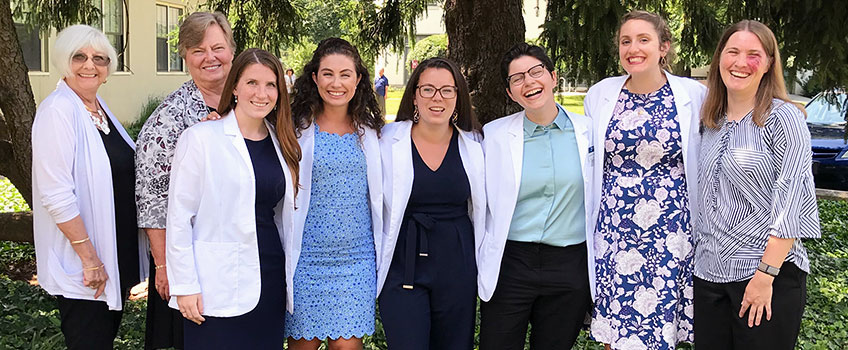 Initial Program Advisor Carole-Rae Reed, School of Health Sciences Dean Margaret (Peg) Slusser, student Emily Miller, student Mikaela Crowley, student Angelina Pichardo, student Theresa Esposito, student Gabriela Marigliano, and Program Advisor and Assistant Professor of Health Science Kerri Sowers.