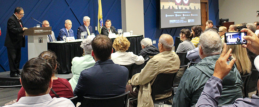 Hughes Center Interim Director John Froonjian moderates the 2nd District Assembly debate at Stockton University Atlantic City