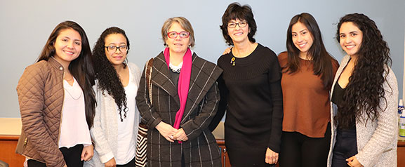 From left, Laura Sepolveda, Saray Salas, Rocio Del Pilar Pena Huertas, assistant professor of Law at Universidad del Rosario; Victoria Schindler, professor of Occupational Therapy; Diana Saenz, and Yuliana Guzman before the presentation on Nov. 12.