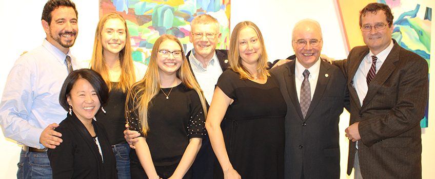 Murphy Writing 25th Anniversary participants, from left, Joe Costal, Jin Cordaro, Jamie Walters, Taylor Coyle, Peter Murphy, Amanda Kumpas, President Harvey Kesselman and Dean Robert Gregg