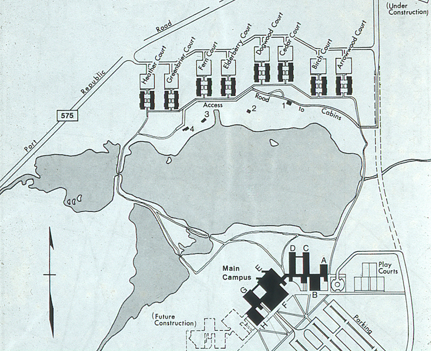See cabins 1-4 on the north shore. The courts were not completed until fall 1972. Note the nameless lake, typical of maps from this period.