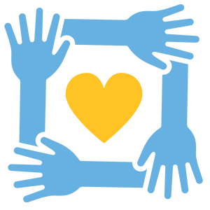 Four blue hands forming a square shape with a yellow heart in the center, symbolizing unity, care, and community support.