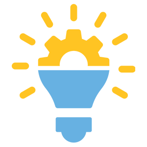 Blue light bulb with a yellow gear and light rays, symbolizing innovation and creative problem-solving