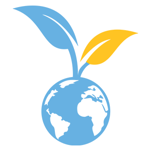 Blue globe with two leaves, one blue and one yellow, growing from the top, symbolizing global sustainability and environmental growth.