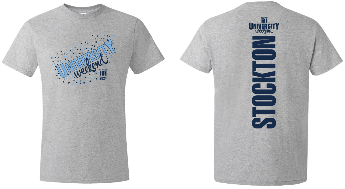 Gray t-shirt with University Weekend logo on front and Stockton on back